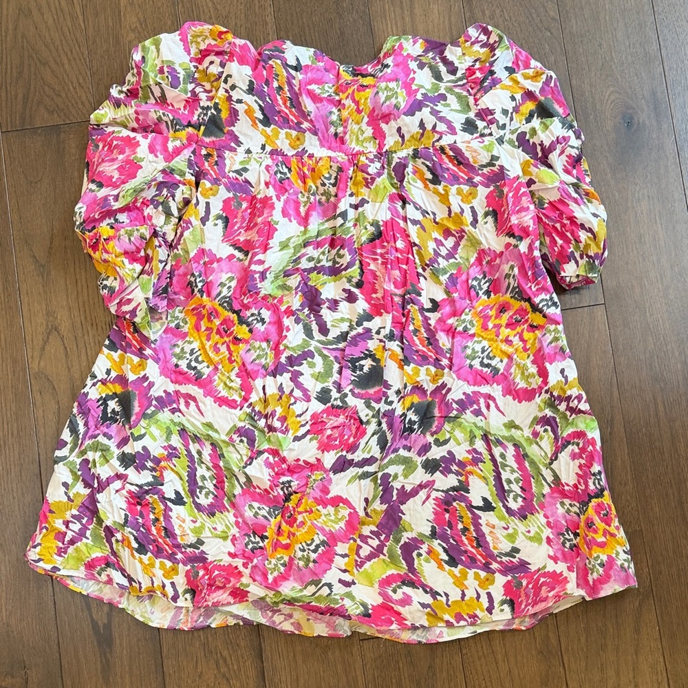 MISA Los Angeles Pink Floral Ikat Puff Sleeve Mini Shift Dress Womens Size M c11 - Picture 7 of 7